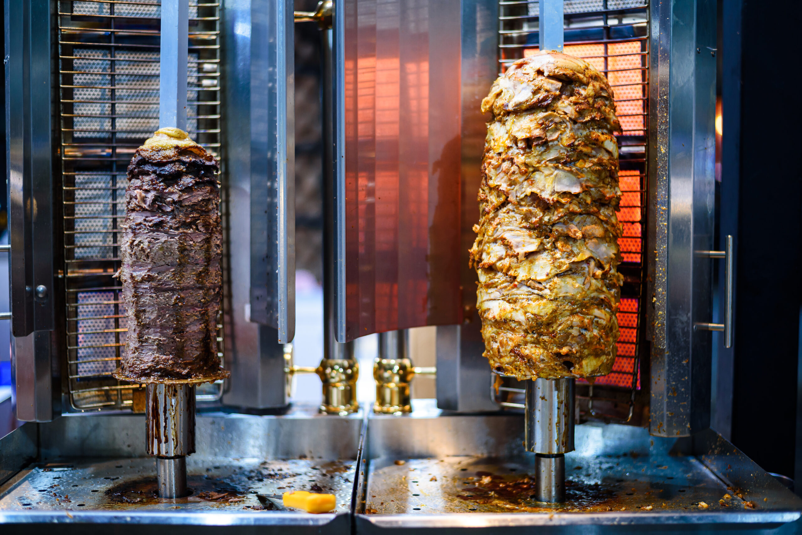 traditional shawarma authentic turkish doner kebab rolling in street food market